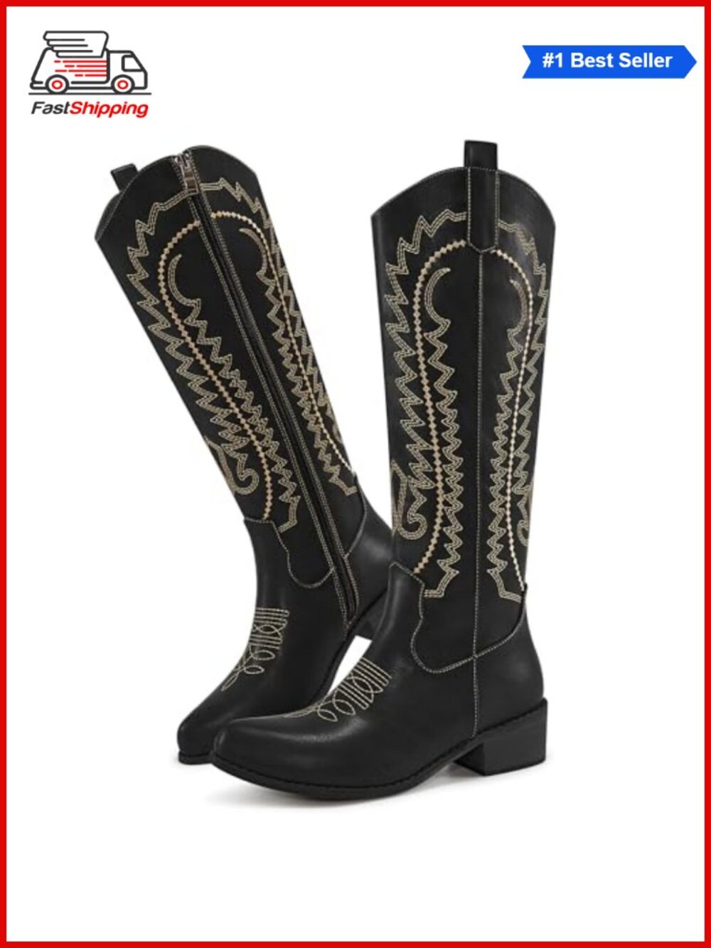 ✨ Embroidered Knee High Cowboy Boots Chunky Heel Pointed Toe Side Zipper